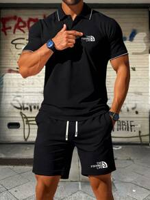 男士夏季字母印花 Polo 衫 + 短裤套装，多种颜色和尺码可选，适合商务、娱乐、高尔夫，轻盈弹力，纯色，纽扣细节，常规袖口，夏季外出舒适休闲装 - 黑色 - 查看 1
