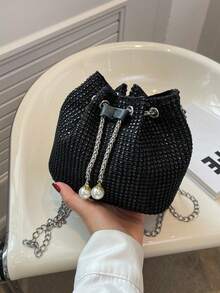 1 件时尚纯色链条带迷你水桶斜挎包，银色水钻优雅宴会风格闪亮珍珠金属链轻质抽绳水桶斜挎包，适合女性晚会、日常场合、夜总会、购物、化妆品收纳、时尚单品 - 黑色 - 查看 1