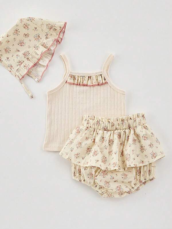 3pcs Baby GirlSummer Outfit Set: Ditsy Floral Spaghetti Strap Top + Allover Print Shorts + Hat