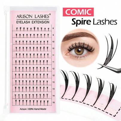 ARISON 120 peças Cílios Postiços Quadrinhos Espiral 0,07 D 8-15mm Comprimento Leque Pré-Montado Manga Anime Extensão Formato de Pena Cílios Cílios Volume Brasileiro Suave