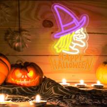 万圣节女巫霓虹灯，USB 供电可调光 LED 艺术墙饰，塑料按钮霓虹灯，壁挂式多功能装饰，适用于卧室、酒吧/派对装饰/圣诞灯万圣节装饰灯家居装饰派对装饰万圣节装饰房间装饰万圣节花园装饰礼物仙女