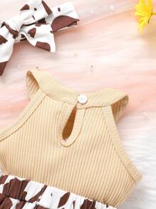 2pcs Set Casual Elegant Sweet Cute Baby Girl Outfit, Soft Comfortable Bow Decor Letter & Bull Head Print Ruffle Backless Romper Dress & Headband, Newborn Infant Girl Clothes, Girl Dress, Toddler Girl Clothing, Suitable For Daily Use, Vacation, Party, Photo Shoot