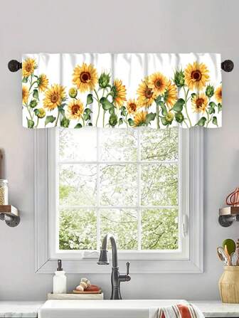 1pc Retro Sunflower Kitchen Curtain,Small Short Curtain, Without Holes Curtain, Refer To Bedroom Office Kitchen Living Room Study Home Decor