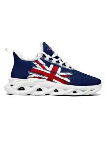 British Flag Print Men's Outdoor Running Shoes With Soft Mesh Upper, Shock-Absorbing Sole, Breathable & Lightweight, Durable For Plus Size