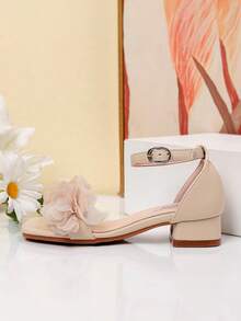 Summer Square Toe Square Heel Floral Decor Sandals Girls High Heel Dance Shoes Student Performance Daily Activity Sandals - Apricot - View 2