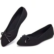 Womens Flat Shoes Classic Pointed Toe Flats Knitted Dress Shoes Soft Comfortable Dressy Flats Women - 6042黑色蝴蝶結 - 查看 1