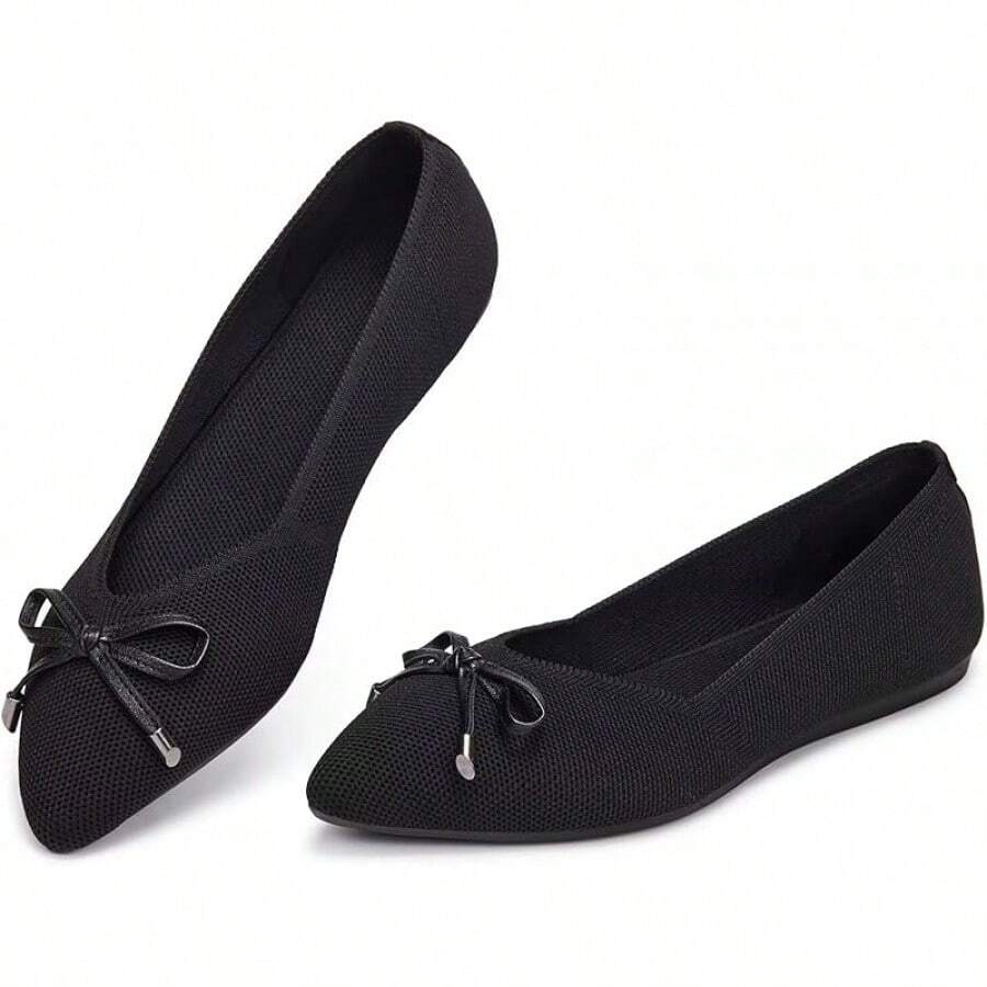 Womens Flat Shoes Classic Pointed Toe Flats Knitted Dress Shoes Soft Comfortable Dressy Flats Women - 6042黑色蝴蝶結 - 查看 1