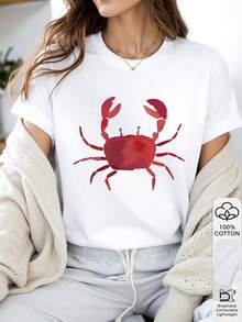 Crab Print Round Neck Short Sleeve Tee - White - View 1