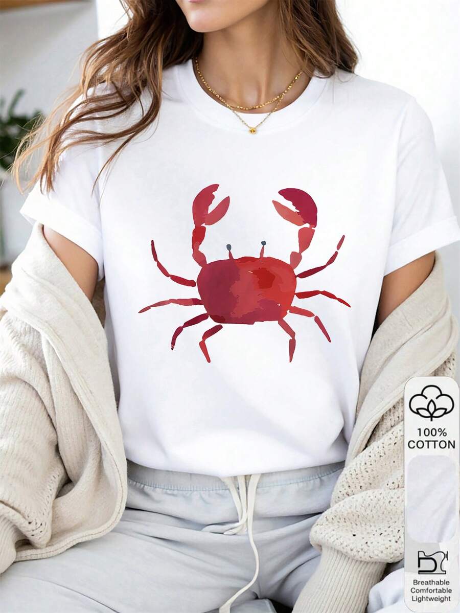 Crab Print Round Neck Short Sleeve Tee - White - View 1