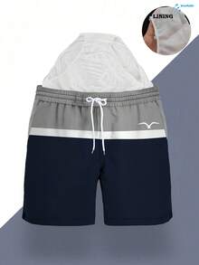 男士夏季印花图案抽绳腰斜口袋夏威夷速干双层网眼内衬短裤，海鸥撞色3D艺术印花，时尚休闲沙滩度假泳裤 - 彩色 - 查看 2