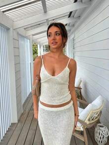 Women 2 Piece Knitted Outfit Sparkly Sequin Spaghetti Strap Crop Tops Low Rise Long Skirt For Club Party - 米色 - 查看 4