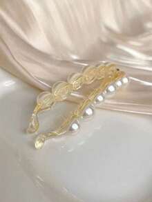 Faux Pearl And Fish Tail Banana Hair Clips, Oversized Hair Claw Hair Clips With Faux Pearls, For Ponytail Hairstyles, Hair Claws, Hair Slide, Hair Barrettes, School Stuff, Pearl Hair Accessories, Head Accessories - Multicolor - View 4