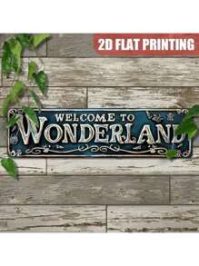 1pc Vintage "Welcome To Wonderland" Metal Sign, Retro 2D Floral Framed Wall Art In Green And Gold, Suitable For Garden, Home, Bar Or Cafe Decor, Front Door Hanging Decoration
