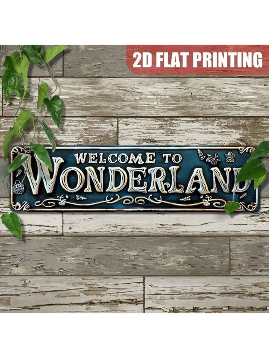 1pc Vintage "Welcome To Wonderland" Metal Sign, Retro 2D Floral Framed Wall Art In Green And Gold, Suitable For Garden, Home, Bar Or Cafe Decor, Front Door Hanging Decoration