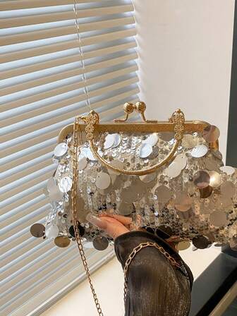 Fashionable Glitter Handbag, Niche Metal Chain Design Shoulder Bag, Stylish For Formal Dress, Wedding, Party, Cocktail Party Lady Evening Clutch