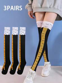 3 Pairs Black Crazy Chicken Leg Pattern Thigh High Socks, Funny Novelty Gift For Women, Sports Socks, Y2K, Cozy - Multicolor - View 3