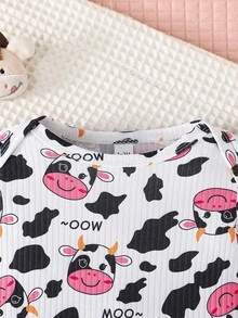 Infant Girls' Spring Autumn Cute Cow Letter Print Long Sleeve Round Neck Jumpsuit Casual Loungewear Set - Multicolor - View 3