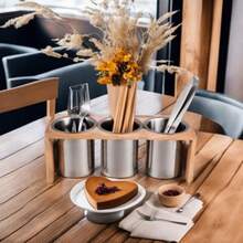 ZOO Paquete De 3 Soportes Para Cubiertos Organizador De Utensilios De Acero Inoxidable Con Base De Madera Organizador De Cubiertos Para Cucharas Cuchillos Y Tenedores Ideal Para Mesa De Cocina - Plata - View 6