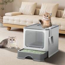 Große Katzentoilette mit 2 Kanälen, geschlossenes Design, mit Schublade, Schaufel, schmutzabweisend, auslaufsicher, 50 x 37 x 38 cm - Grau - Übersicht 6