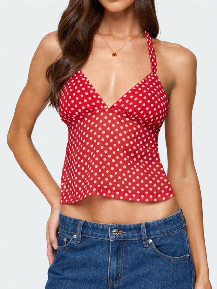 Women Halter Neck Polka Dot Top V Neck Backless Mesh Tank Tops Summer Sleeveless Going Out Cropped Shirt