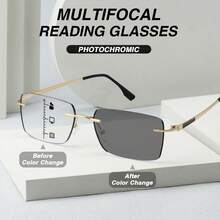 1pc Retro Frameless Photochromic Multifocal Readers, High-Quality Progressive Lenses & Durable Frame, Business Style Reading Glasses, Distance & Near Vision, Suitable For Office, Leisure Reading - Golden - View 2