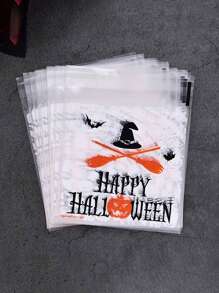 100 个万圣节自粘塑料礼品袋，带有南瓜和蝙蝠图案，适用于珠宝、发饰和钥匙扣收纳 - 适合万圣节派对礼物或捣蛋