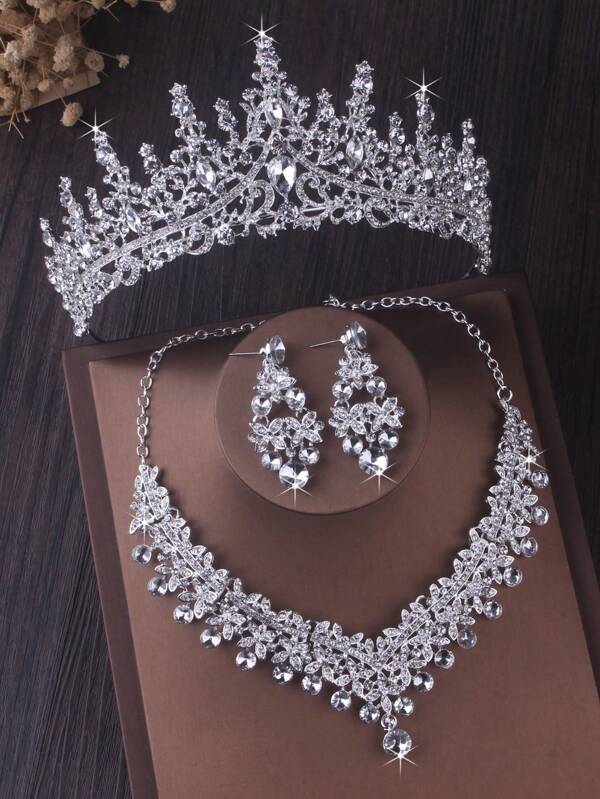 Luxury Bridal Queen Crown Headpiece Necklace Set, Baroque Style New Bride Tiara, Necklace And Earrings 3 PiecesSet