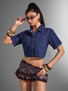 Jeanoix 女士牛仔夹克和外套，休闲简约风格，适合日常穿着 - 深色水洗藍 - 查看 3