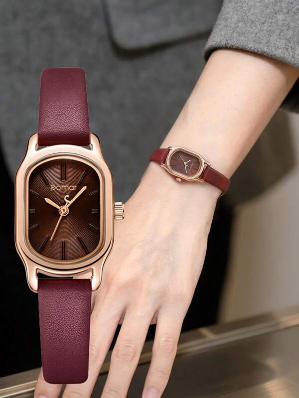 POMAR 1 Women's Rose Gold Stainless Steel Case Quartz Watch, Wine Red Leather Strap, 30 Meter Waterproof, Elegant, Suitable For Daily Life, Work, Parties, Birthdays - An Excellent Gift Choice For Women