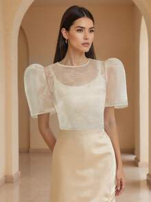 Áo cánh Philippines hiện đại của Amyenjoylife, Áo tay ngắn đính hạt cườm thời trang xuân hè cho nữ, Áo Bolero Philippines dành cho nữ, Áo màu mơ - Màu be - Xem 5