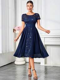 MIUSOL Abendkleid mit Pailletten, Blumen-Spitze-Kontrast, Chiffon, rundem Ausschnitt und plissiertem Saum für Partyabende