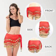 Chiffon Belly Dance Hip Scarf With 128 Coins For Yoga Class - Red - View 2