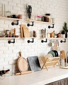 HALMAN 2 Pzs, Pipe Shelf Brackets Set of 2 Industrial Iron Shelf Brackets Pipe Shelving Brackets for Custom Floating Shelves, Par De Mensulas Para Repisas Uso Rudo, Montado Pared Resistentes Soportes de Estantes Rústicos, organizadores de almacenamiento de estantes flotantes para decoración del hogar, estantes de hierro para soportar libros, soportes de partición, 8*15 cm/12*14 cm. Carga 200 libras,DIY Rustic Shelves Brackets Hardware Included Black - Negro - Ver 9