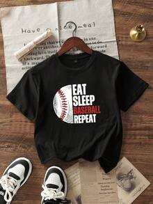 Tween Boy Casual Slogan Baseball Printed Black Round Neck Short Sleeve T-Shirt Summer Top - Black - View 4