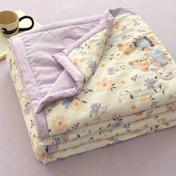 1pc Soft Double Layer Quilted Flower Printed Summer Quilt, Suitable For Bedroom, Dormitory, Office Nap, Excluding Pillow Insert & Cover