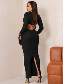 Vestido longo de manga comprida com decote e fenda atrás moda feminina - Preto - Visão 3