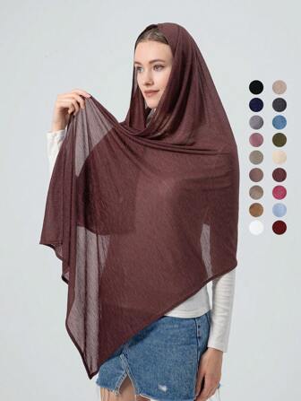 1pc Women Plain Color Pleated Casual Scarf, Elastic & Breathable Jersey Small Long Scarf, Head Wrap, Shawl For Warmth And Sun Protection For Dress