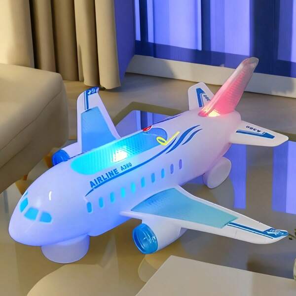 Avion lumineux à LED, jouets d'avion lumineux à LED, en matériaux ABS, avec effets sonores musicaux. Modèle d'avion jouet Airbus lumineux électrique pour enfants avec sons et lumières. Vitesse de vol horizontal 1 m/s, poids au décollage 1 kg, hauteur de vol 1 m, tension de fonctionnement ≤36 V, autonomie de la batterie de plus de 20 minutes - sans batterie.