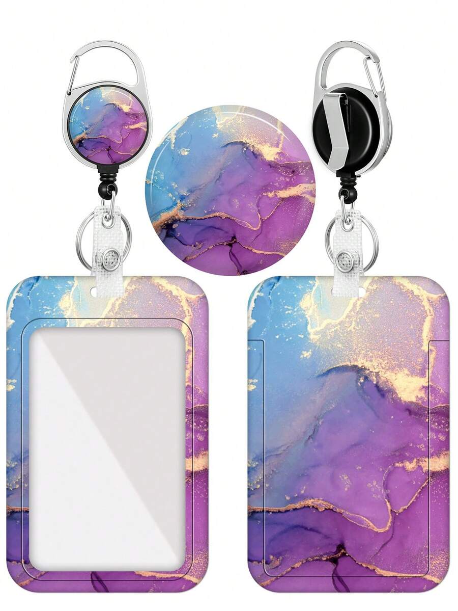Retractable Badge Holder, Heavy Duty Vertical ID Card Badge Protector Case With Marble Texture, Suitable For Work Office Nurse Medical Student Teacher, For Ladies, Dark Purple,School Supplies,Back To School - one-size - View 1
