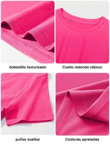 Camiseta de cuello redondo y manga corta en color liso, Camisas casuales de mujer - Rosa Fucsia - Ver 4