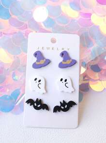 3 Pairs Halloween-Themed Acrylic Dangle Earrings With Baked Enamel Wizard Hats & Sugar Skull Pumpkin Bat Design, Cute And Fun Party Gift Earrings For Women Girls