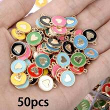 50pcs Assorted Double-Sided Oil Dripping Heart-Shaped Alloy Round Charms, Suitable For Women's Necklace, Earrings, Hair Accessories, Pendant DIY, Heart-Shaped Jewelry, Couples Pendant, Gift For Friends Holiday - Multicolor - View 13