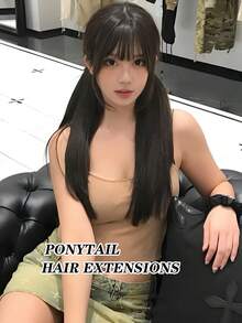 2 Packs Long Straight Ponytail Extensions With Elastic Band Versatile DIY Braided Ponytail For Women Girls Black Brown Synthetic Wig - Multicolor - View 7