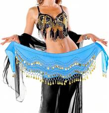Chiffon Belly Dance Hip Scarf With 128 Coins For Yoga Class - 淺藍色 - 查看 11