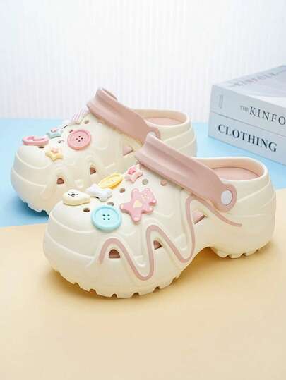 2025 Spring, Summer & Autumn New Thick-Soled Wooden Clogs For Teenage Girls, Bear, Star & Heart Cartoon Decorations, Fashion Cute Non-Slip Comfortable Closed Toe Slippers For Beach, Sandals For Nurses & Doctors