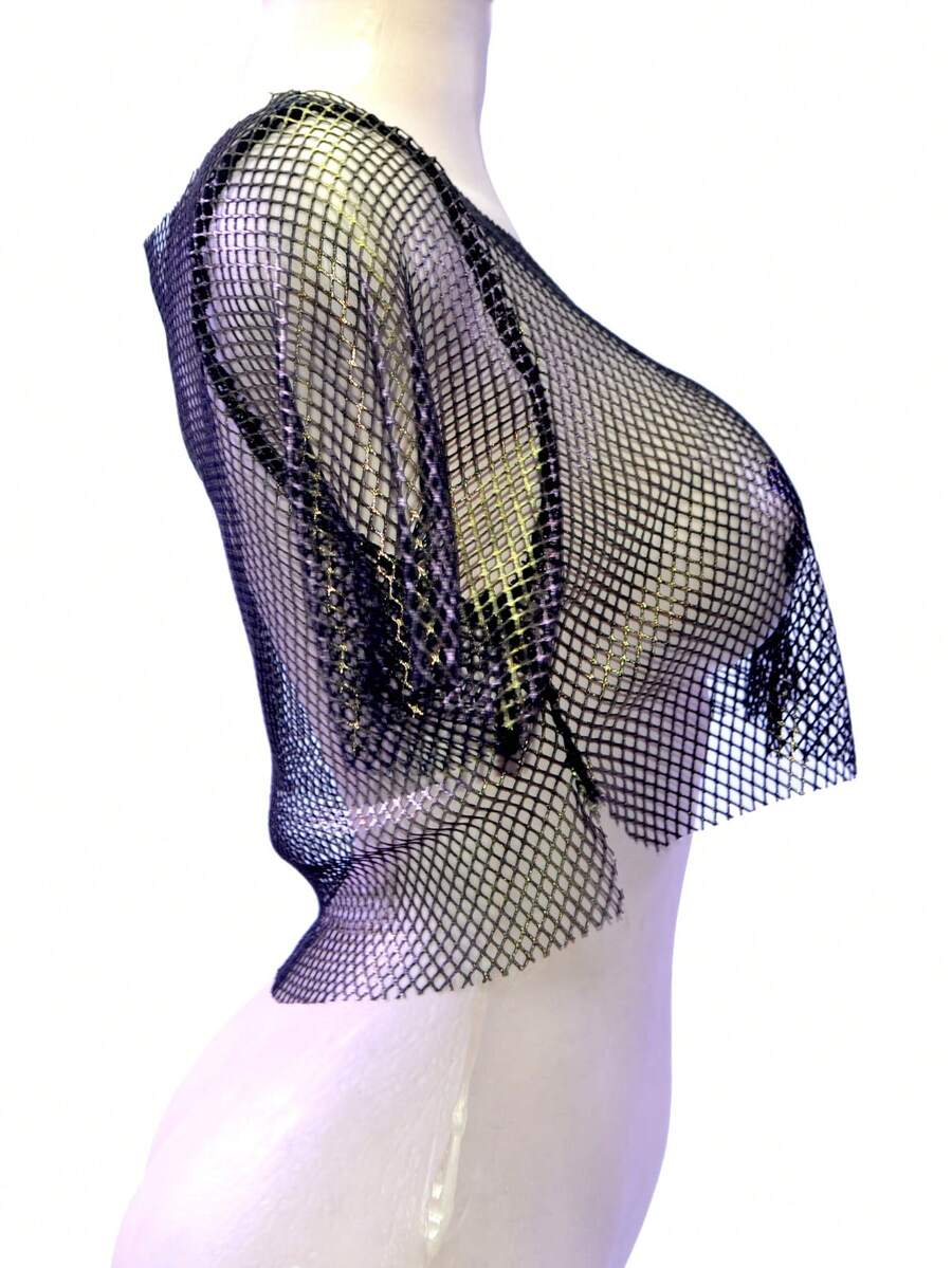 Crop Top de Red metalizada Juvenil baile Transparente Neus  Colorblock  Brillo - Dorado - Ver 1