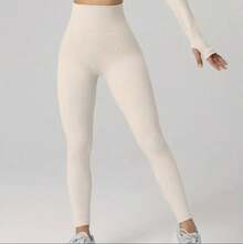 Plain Ribbed Leggings Polyamide Double Waist Textured Ribbed Leggings Evening Daily Birthday Party Sports & Fitness Airport Clothing Travel Formal & Evening Holiday - Màu be - Xem 1