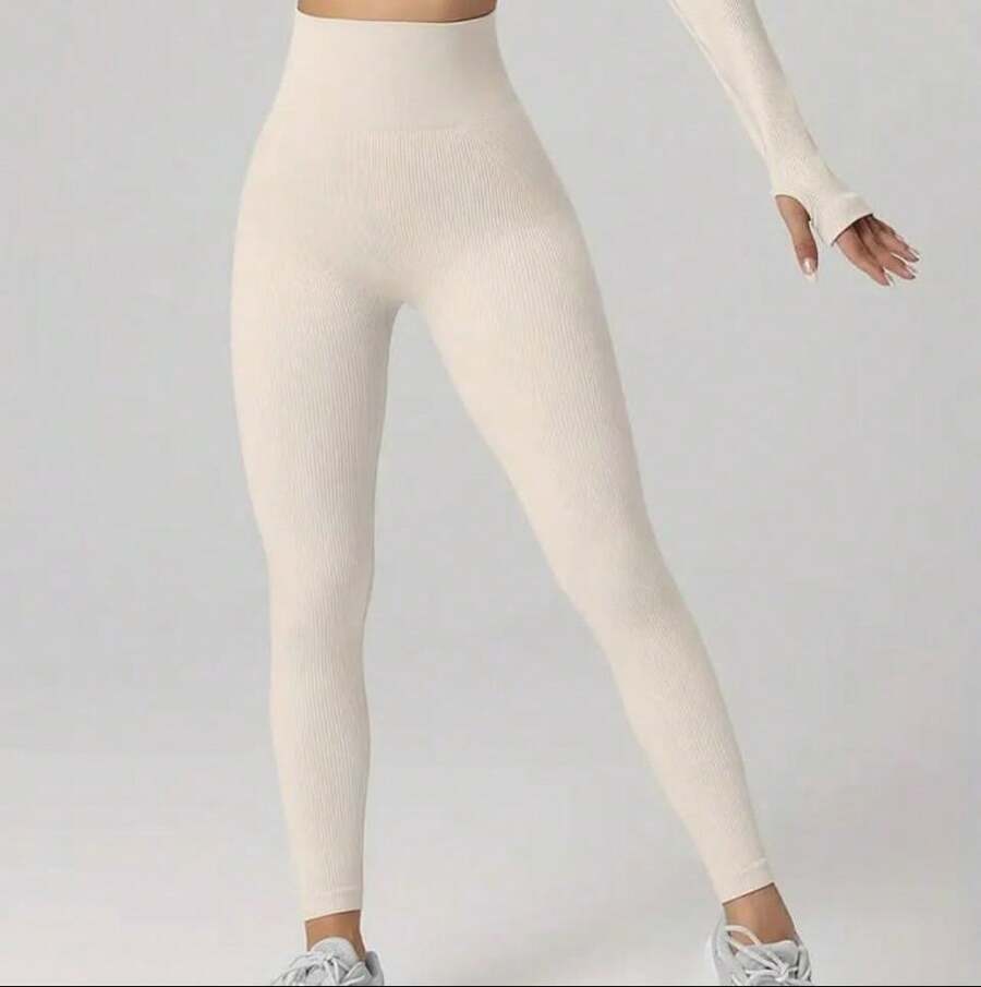 Plain Ribbed Leggings Polyamide Double Waist Textured Ribbed Leggings Evening Daily Birthday Party Sports & Fitness Airport Clothing Travel Formal & Evening Holiday - Màu be - Xem 1