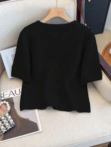 1pc Women's Solid Color Metallic Button Sweater, Casual Round Neck Short Sleeve Cardigan, Versatile Knit Sweater Tops, Fall/Winter - Black - View 3