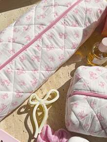 Bow Pattern Pink And Cute Quilted Makeup Bag,Hair Tool Pouch Organizer Bag,Large Capacity Travel Floral Cosmetic Bag Cute Pouch, Makeup Brushes Storage Bag For Women Autumn University Essentials Travel Essentials Holiday Vacation Travel Bag For Women Makeup Organizer Make Up Bag - Pink - View 6
